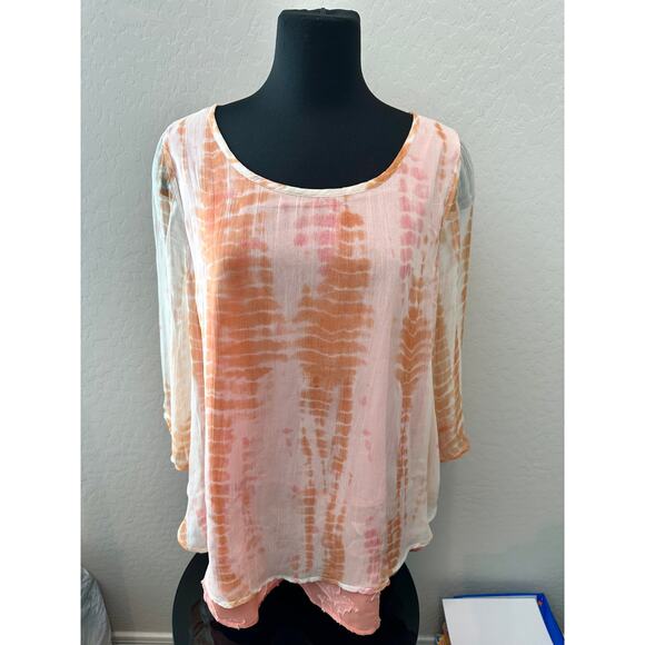 SOFT SURROUNDINGS | Pink Tie-Dye Sheer Layered Blouse Boho Bell Sleeves | Medium - Picture 2 of 8